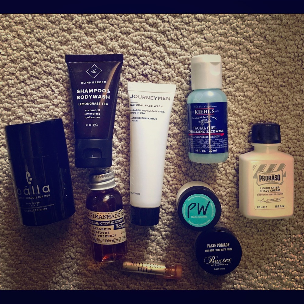 Lot of men’s high dollar travel size toiletries!